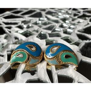 Vintage 1980's Avon Blue & Green Paisley Stud Earrings Gold Tone Collectible
